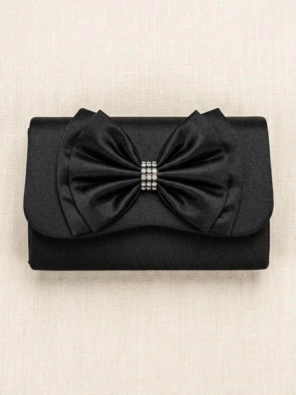 Vintage La Regale Black Satin Convertible Evening Clutch with Rhinestone Bow